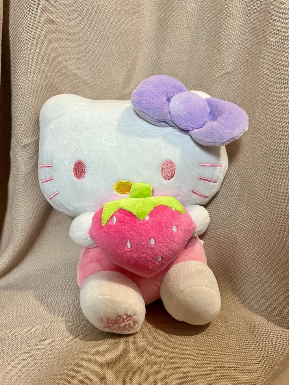 Hello Kitty White Plush with Pink Strawberry and Purple Bow - Hello Kitty Brand